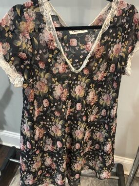 Dior Black Floral Lace-Trim V-Neck silk blouse size XL